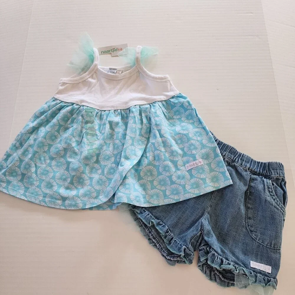 Naartjie outfit New top 18-24 and denim shorts 2 T Blue white tulle ruffle